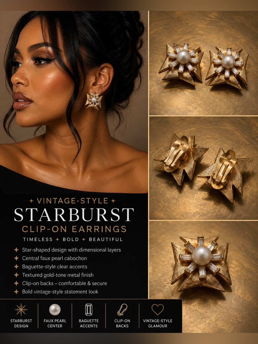 ⭐✨ Vintage-Style Gold-Tone Starburst Clip-On Earrings ✨⭐